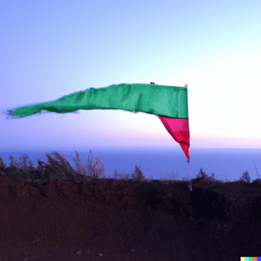 DALL·E 2022-08-23 09.12.11 - slightly torn half-red half-green windward pennant on a dirt mound in front of the line between sky & sea at dusk