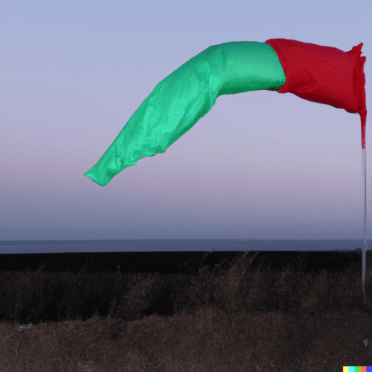 DALL·E 2022-08-23 09.12.04 - slightly torn half-red half-green windward pennant on a dirt mound in front of the line between sky & sea at dusk