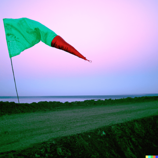 DALL·E 2022-08-23 09.12.14 - slightly torn half-red half-green windward pennant on a dirt mound in front of the line between sky & sea at dusk